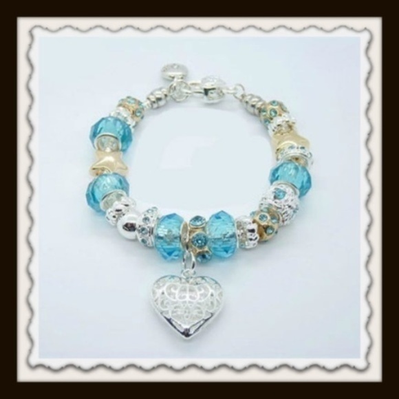 💙💛 Heart Silver, Blue & Yellow Crystal Glass Bracelet 💛💙 - Picture 3 of 3
